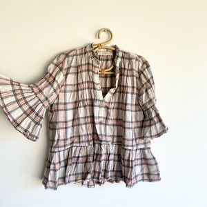 Ann Taylor Button Down Lightweight Plaid Pink & Beige Blouse Prairie Cotagecore